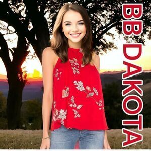 BB Dakota NEW Womens Laura Sleeveless Floral High Neck Halter Top Red Small NWT